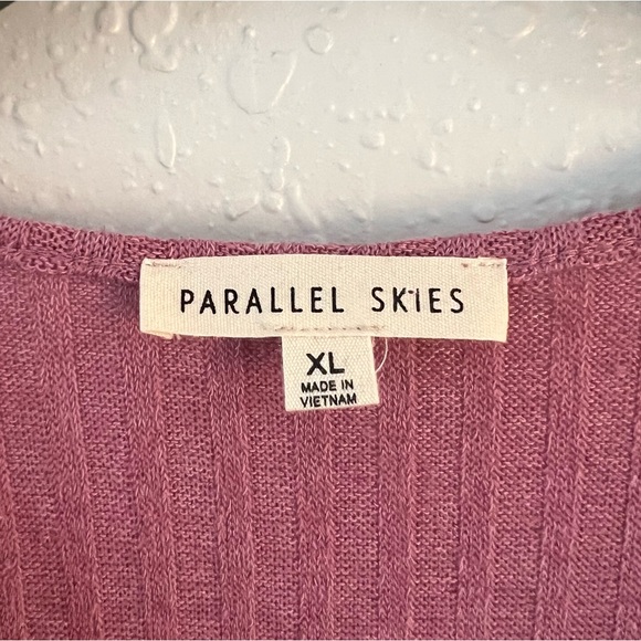 NWT Parallel Skies Ribbed Top Sz XL Short Puff Sleeve Deep V-Neck Blouse Pink - Picture 4 of 8